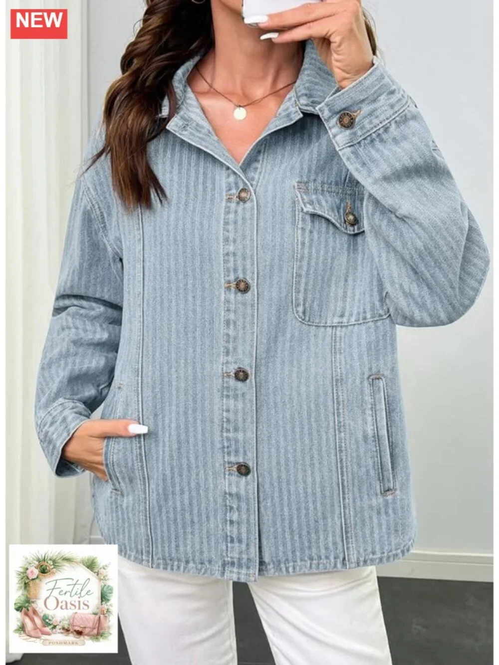 Women's Striped Denim Shacket Button Down Cotton Blend Jacket